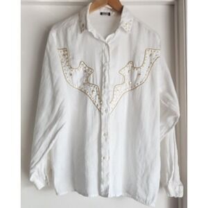 Levante Women's Linen Blouse Size 10 White Solid Long Sleeve Top